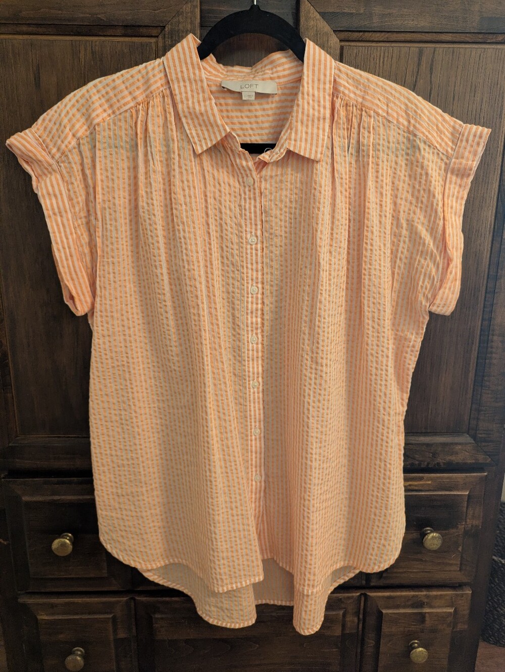 LOFT Orange Seersucker Button-Front Short Sleeve Shirt